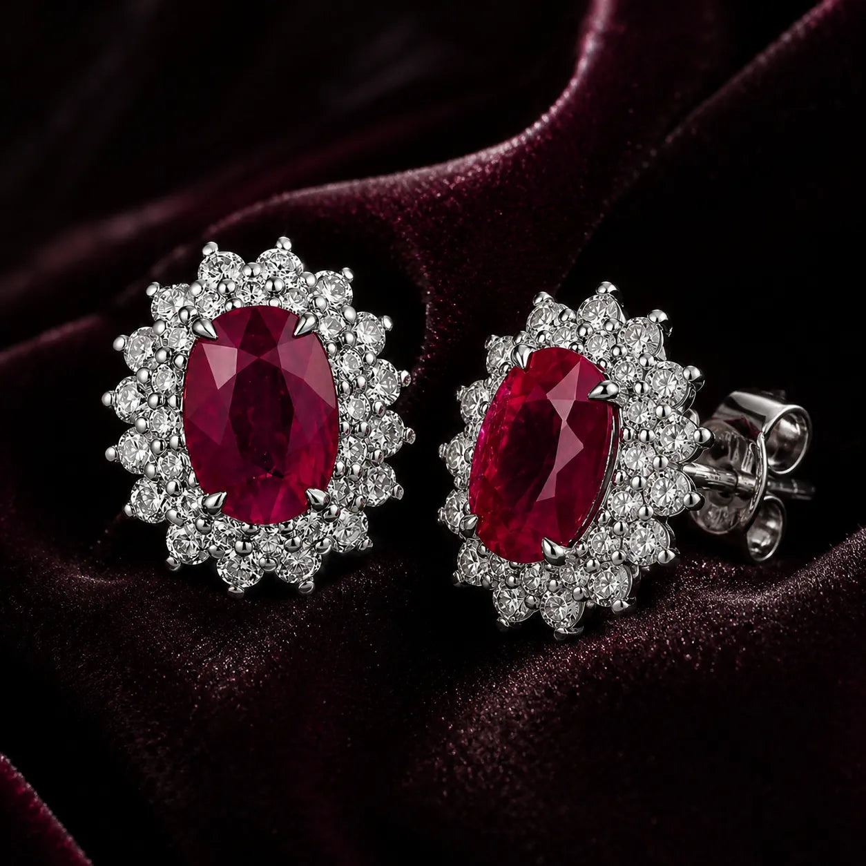 MUHUANG oval ruby and diamond stud earrings on burgundy satin