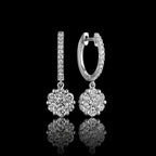 MUHUANG white gold diamond drop hoop earrings on black background