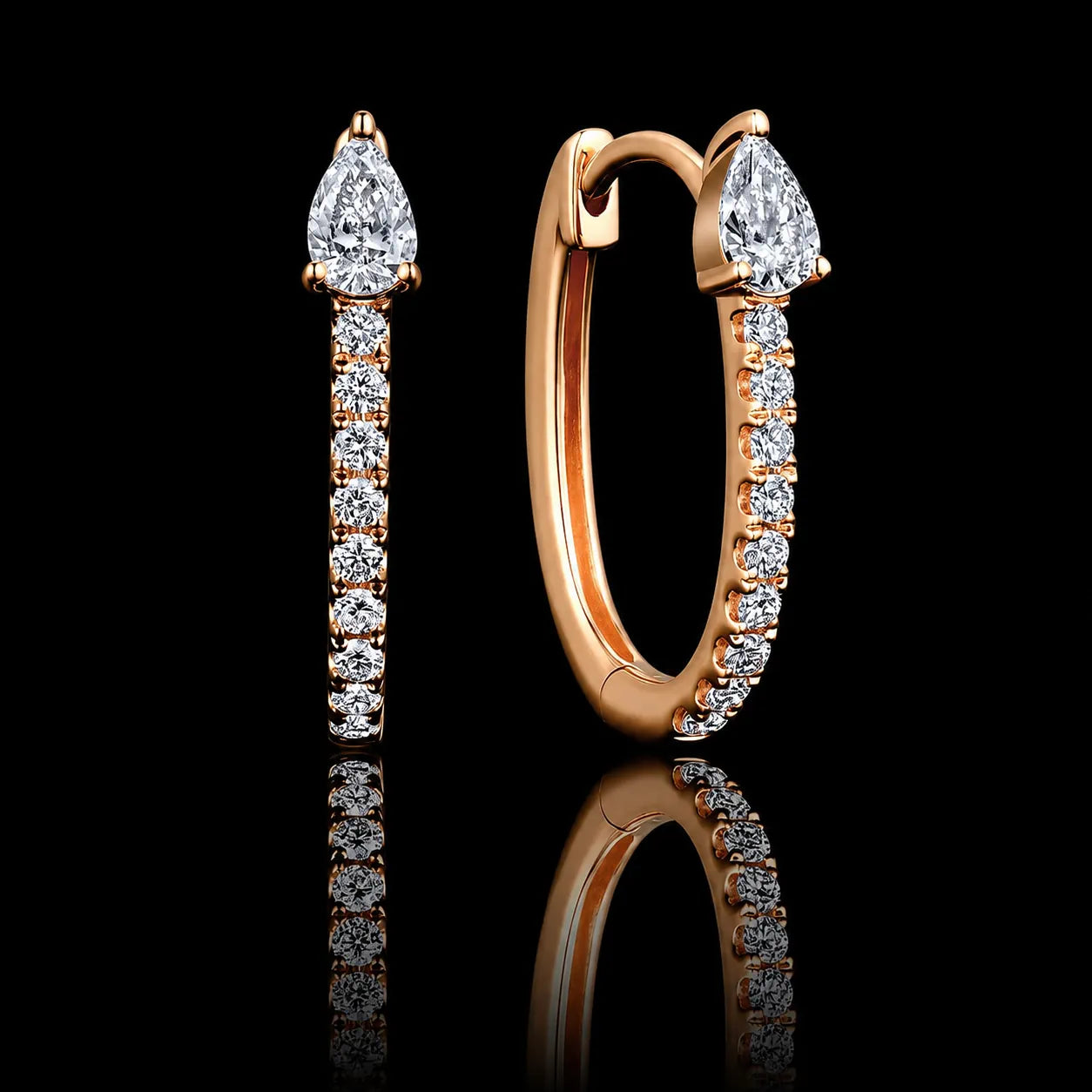 MUHUANG rose gold pear diamond hoop earrings on black reflective background