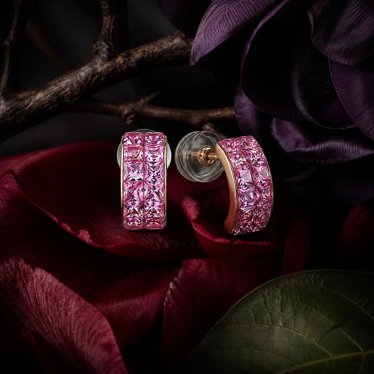 MUHUANG pink gemstone hoop earrings with rose gold setting on petals