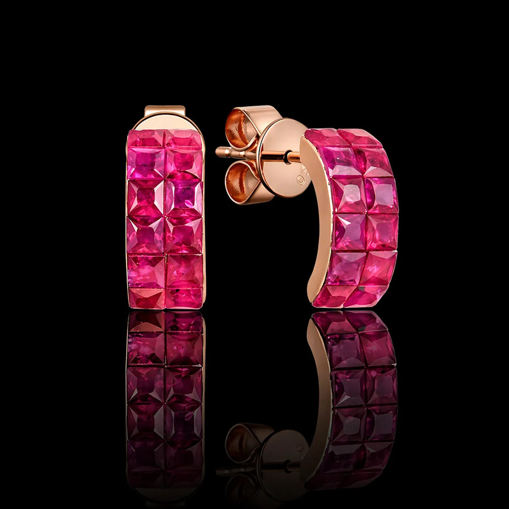 MUHUANG rose gold pink sapphire hoop earrings on black reflective background