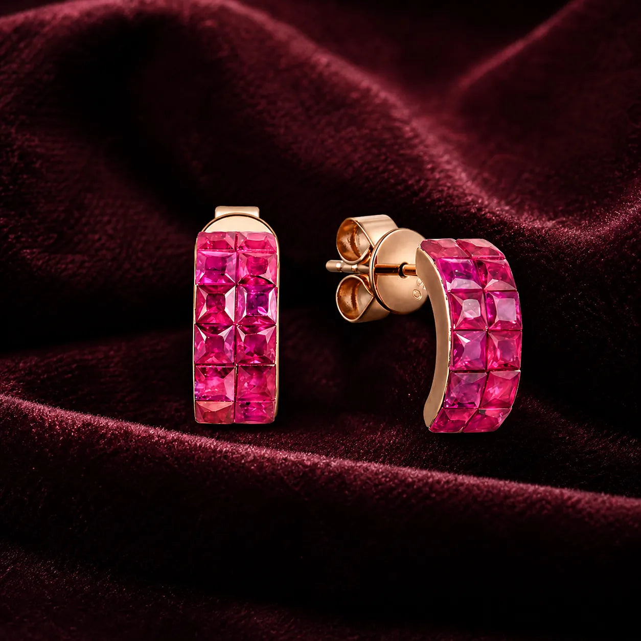 MUHUANG rose gold pink sapphire hoop earrings displayed on burgundy velvet