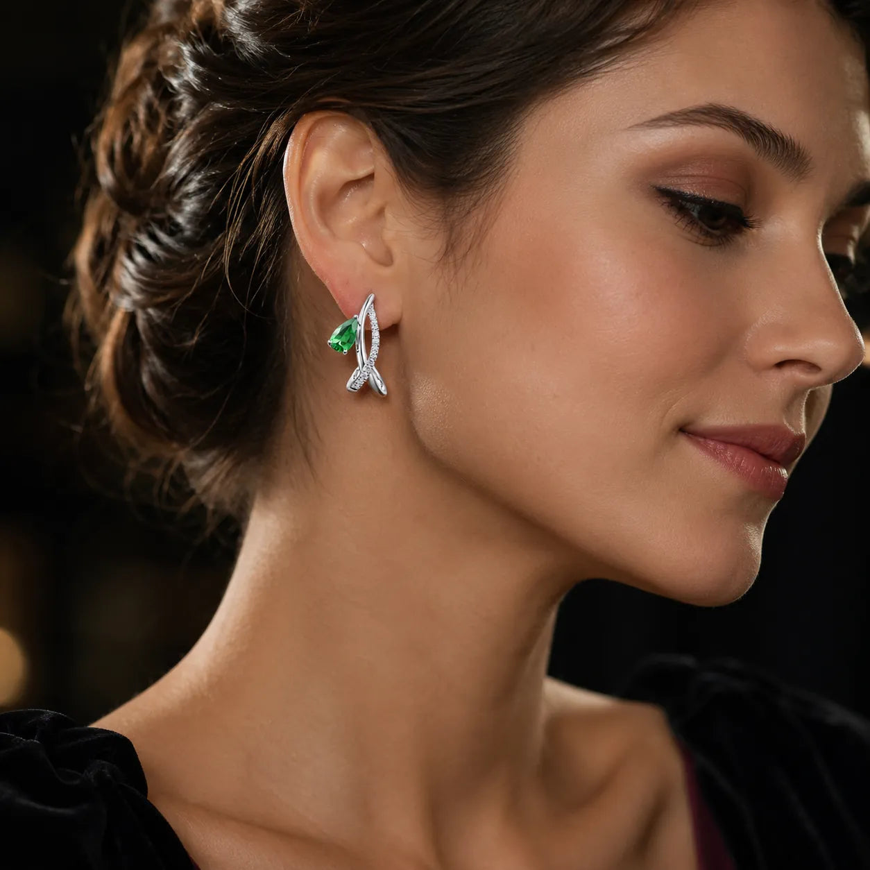 MUHUANG green gemstone drop earrings worn by model
