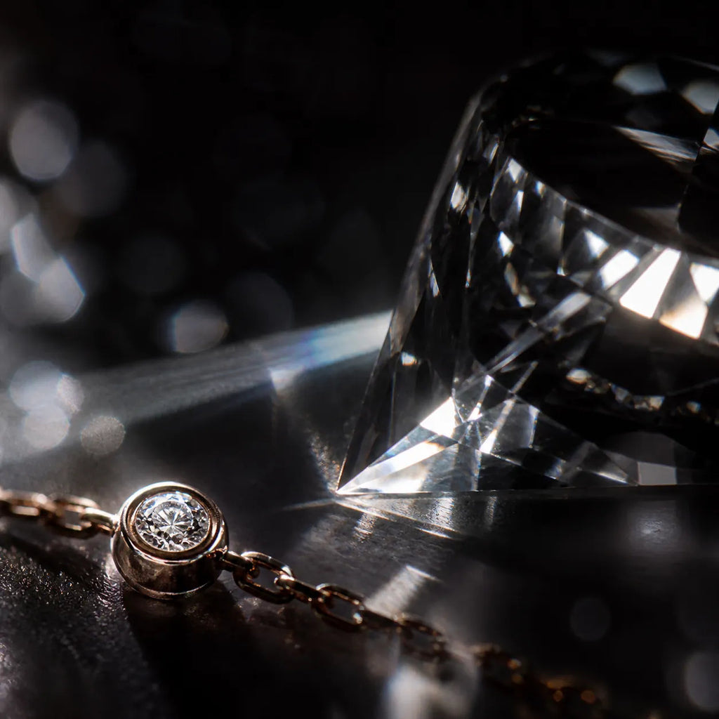 MUHUANG rose-gold bracelet with diamonds placed among crystal reflections on black surface, emphasizing luxury and sparkle.
