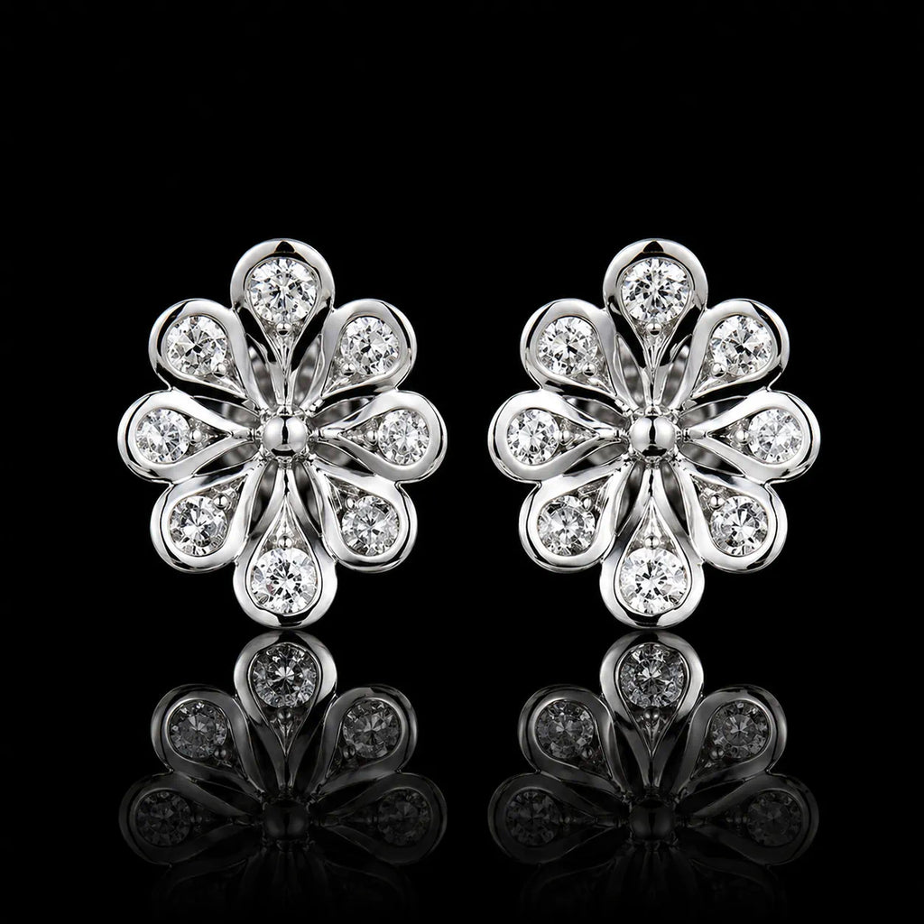 MUHUANG white gold floral diamond stud earrings on black background