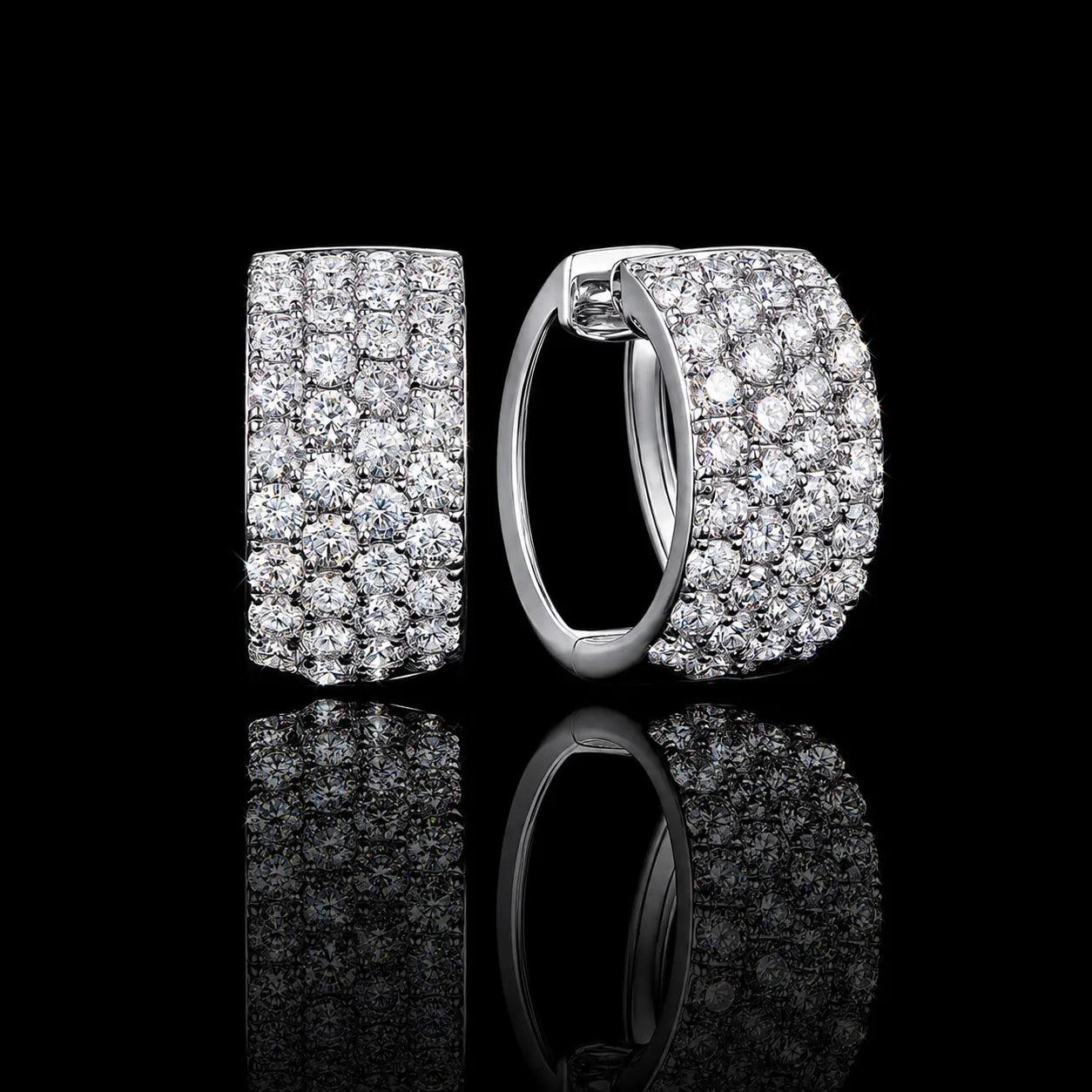 MUHUANG white gold pavé diamond hoop earrings on black reflective background