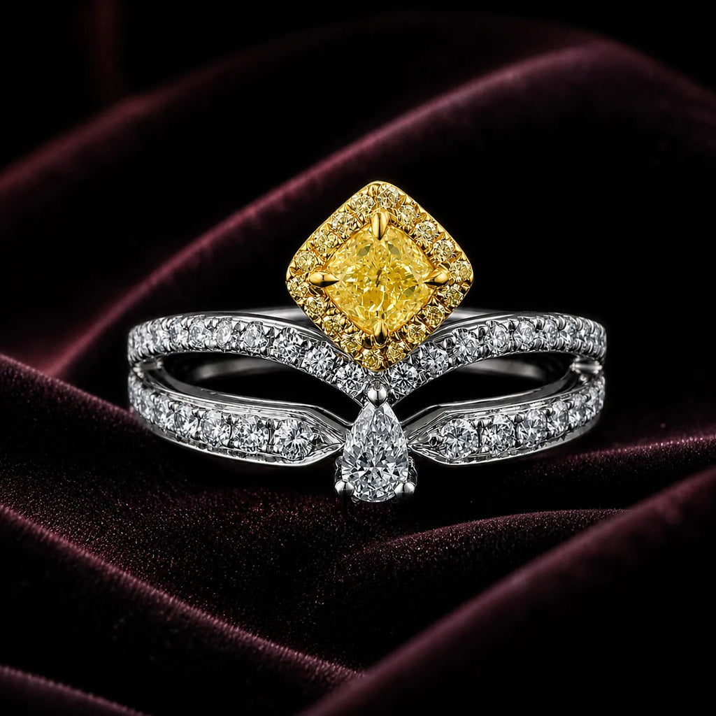 18K yellow and white gold yellow diamond ring on deep purple velvet, showing cushion-cut yellow center and halo of white diamonds