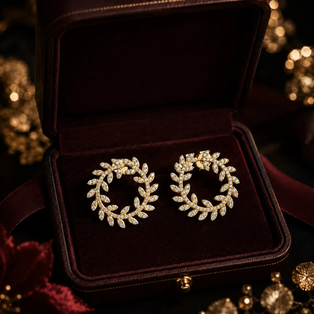 MUHUANG gold diamond laurel hoop earrings in luxury jewelry box