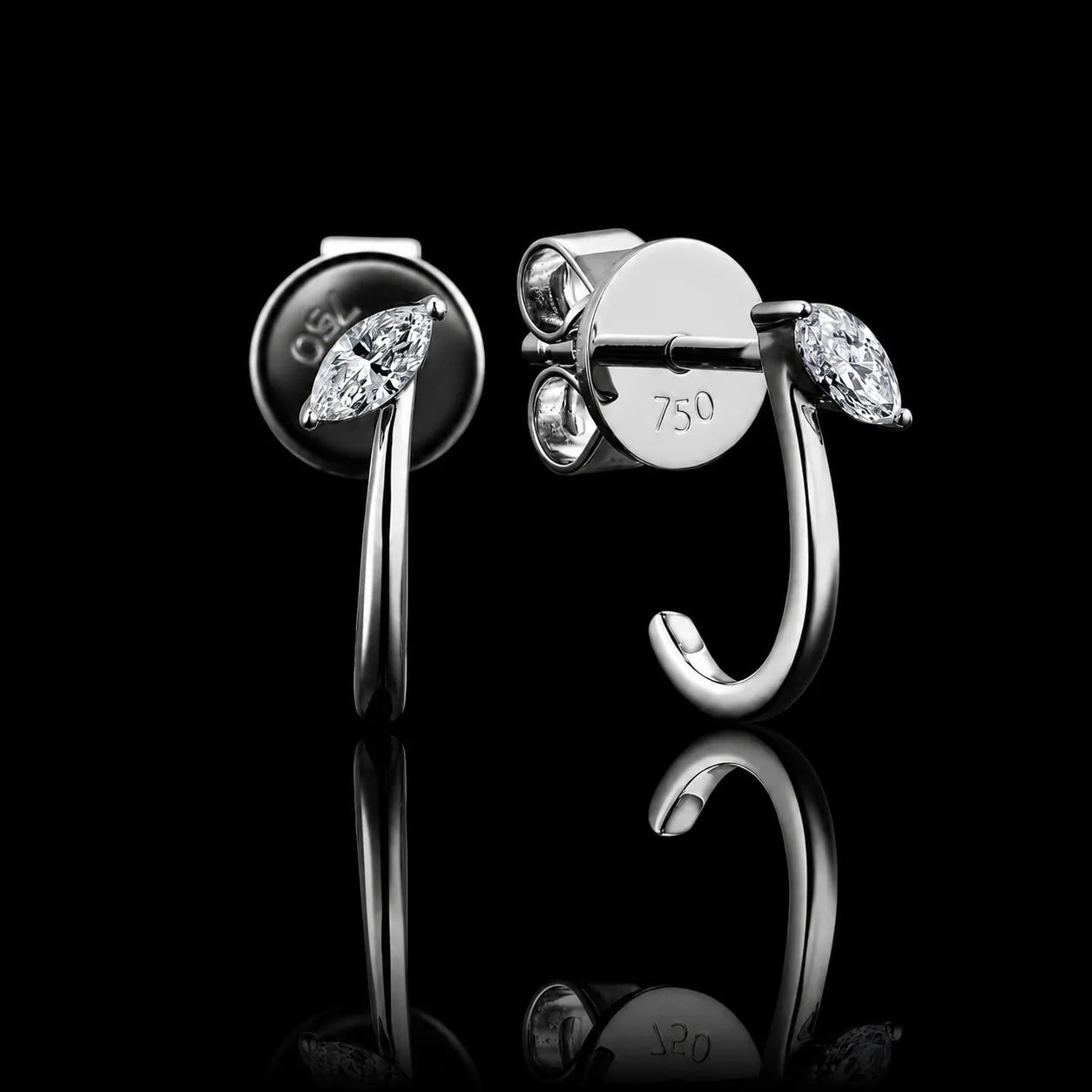 MUHUANG 18K white gold marquise diamond hoop earrings on black reflective background