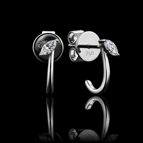 MUHUANG 18K white gold marquise diamond hoop earrings on black reflective background